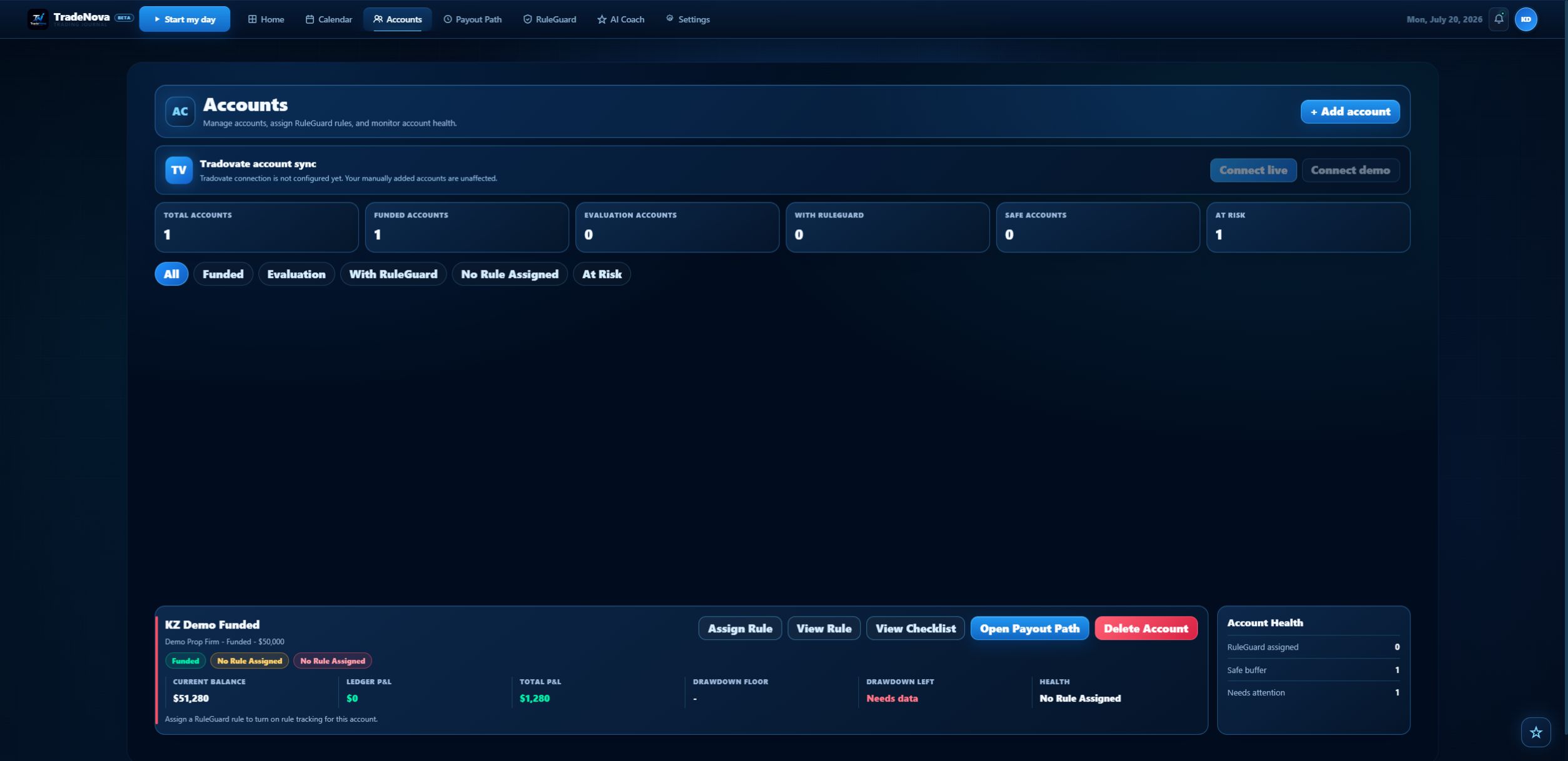 Actual TradeNova Beta Account Command Center screen with sample demo data