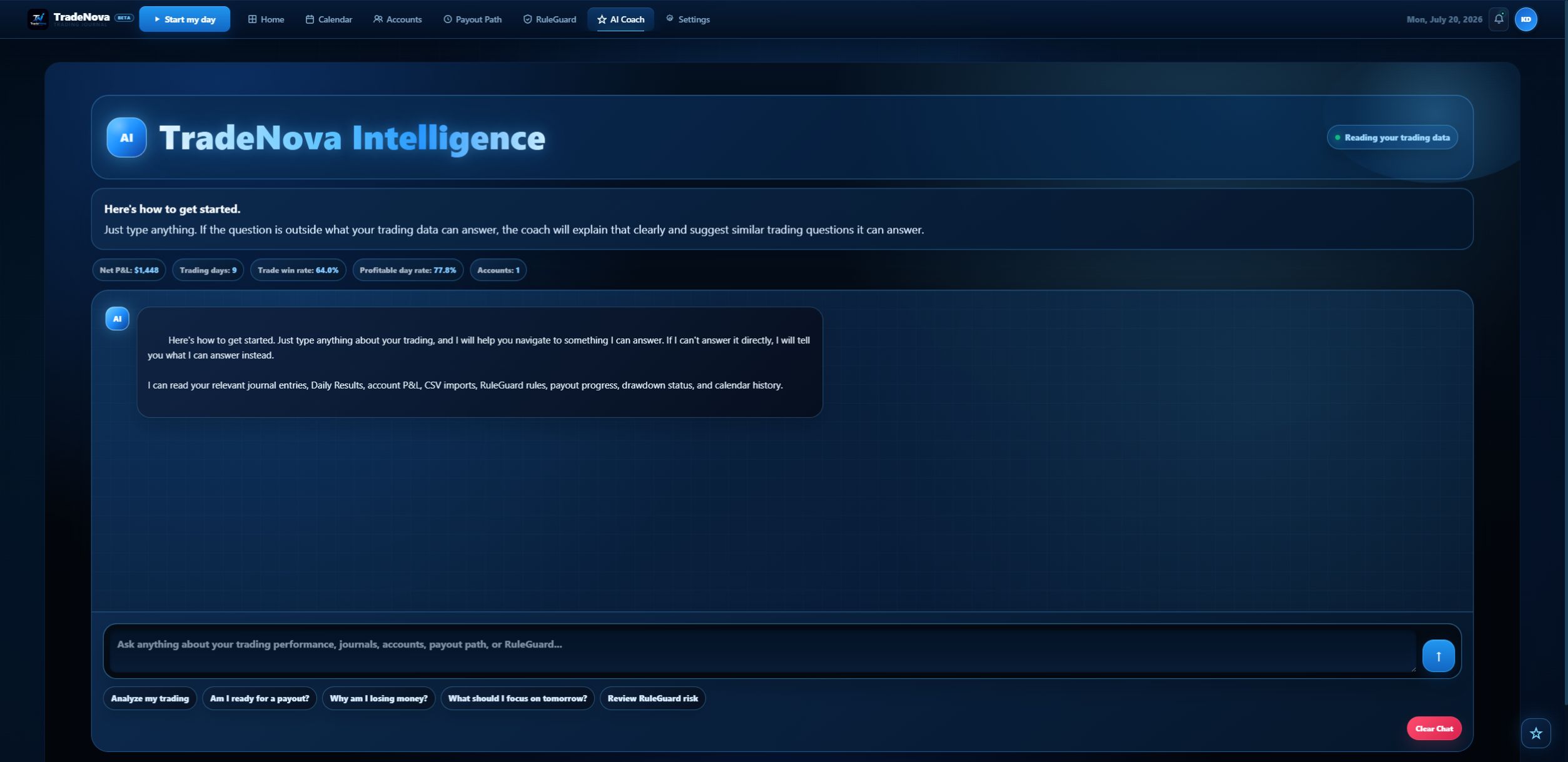 Actual TradeNova Beta AI Coach · Beta screen with sample demo data