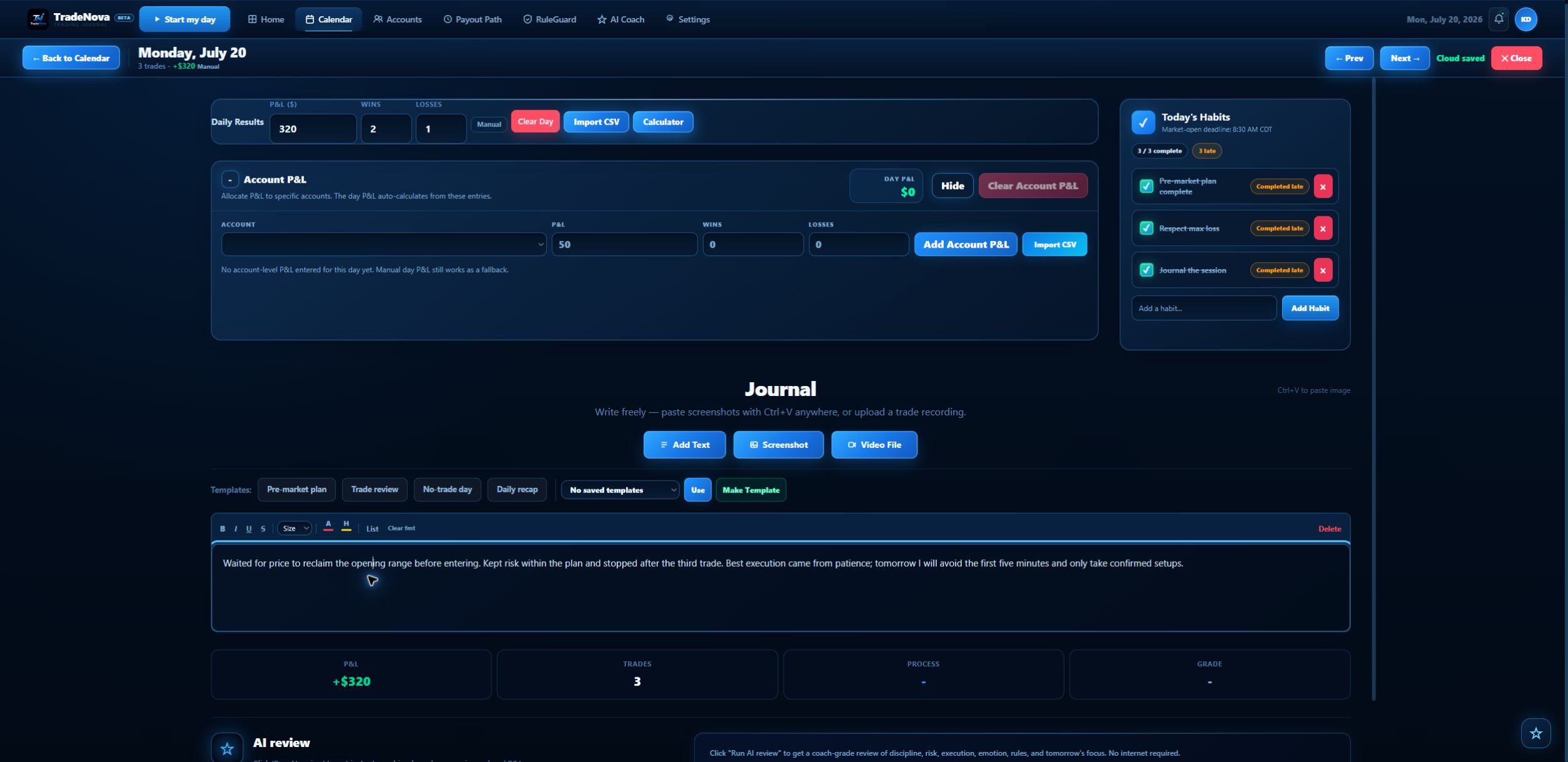 Actual TradeNova Beta Trading Journal screen with sample demo data