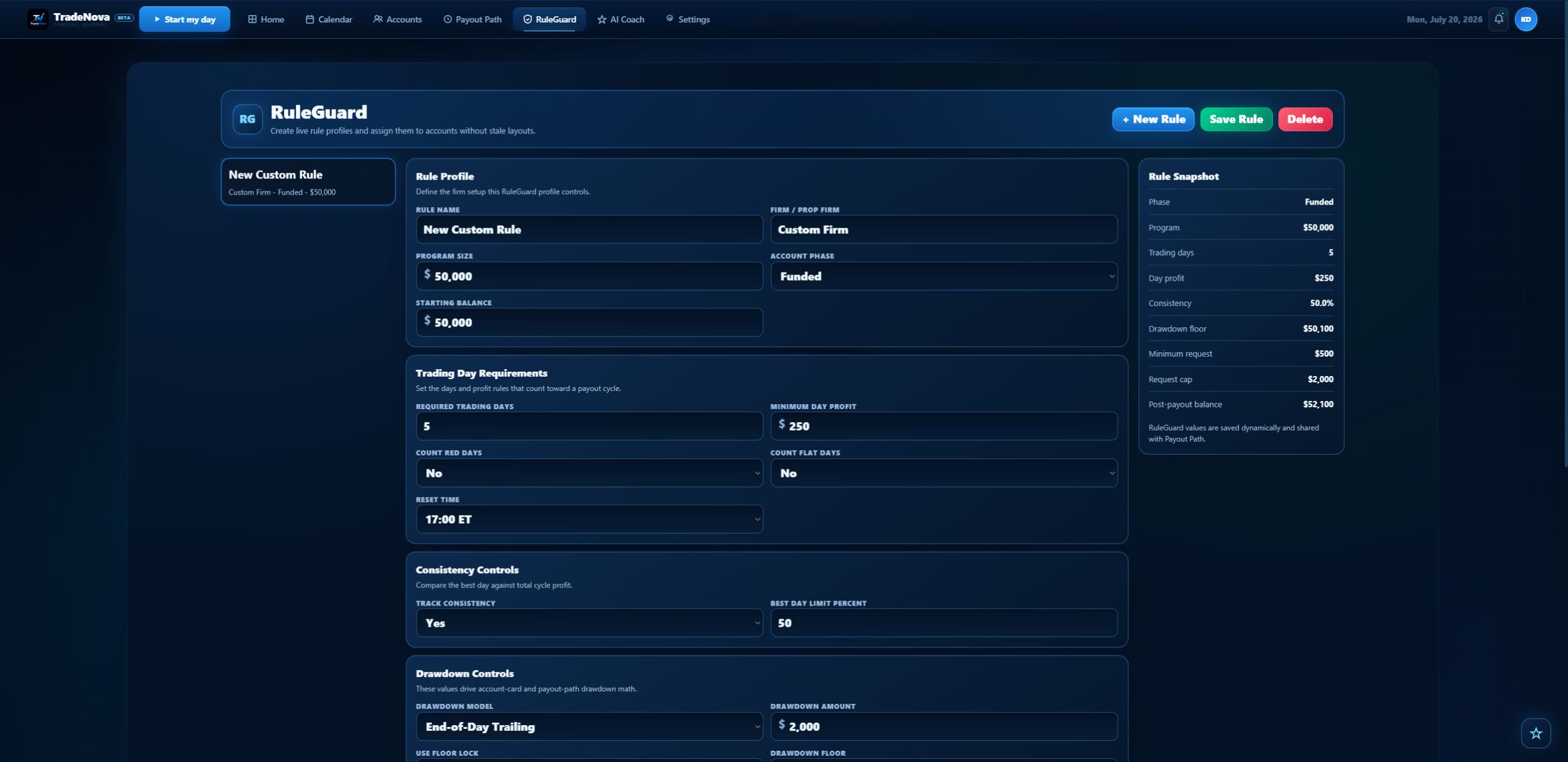 Actual TradeNova Beta RuleGuard screen with sample demo data